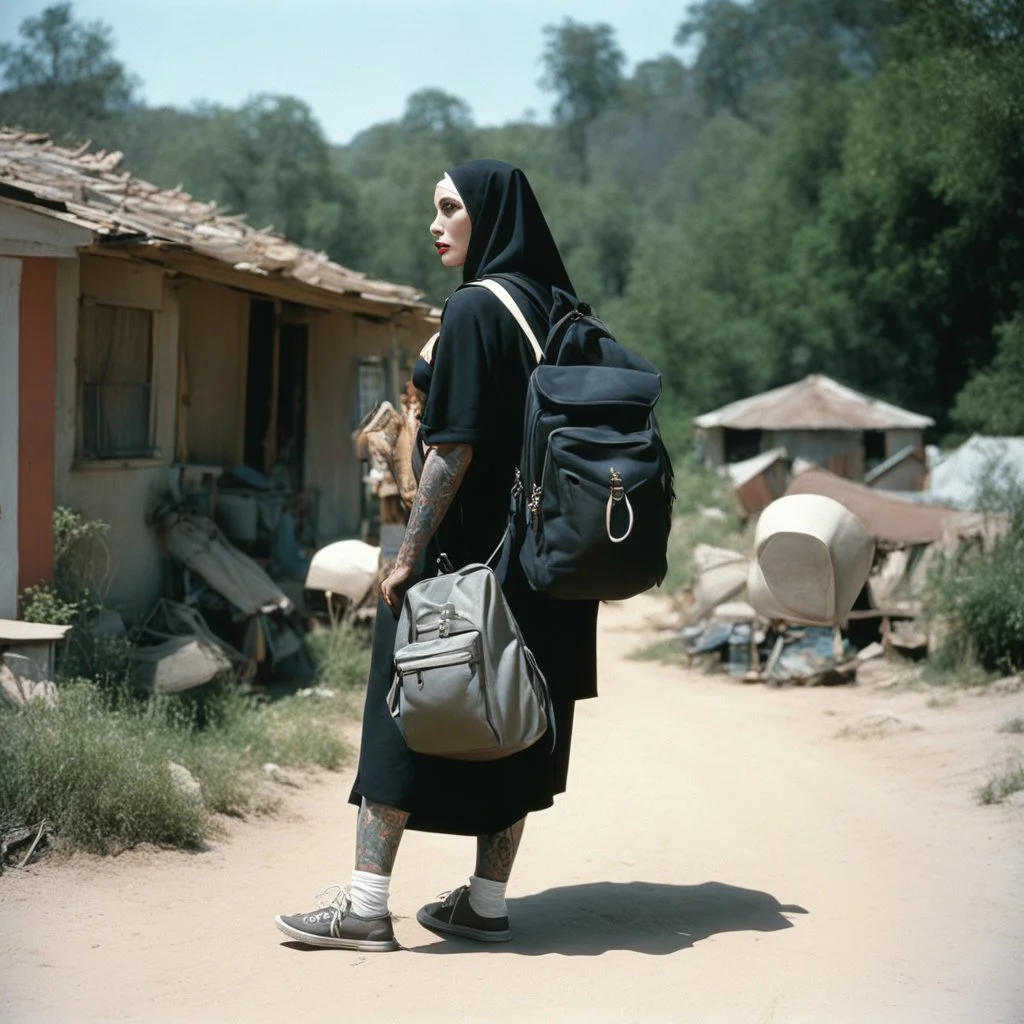 (high res photo by Russ Meyer) Clara, the tattooed free spirit, gangsta nun, burdened with two backpacks, one on her back and one on her front. Is she moving from one house to another or embarking on a vacation to camp? Difficult to say. The constant pressure to keep those worlds coming. The weirder, the better. The weight of the backpacks, the burdens she carries, both physically and metaphorically. Clara seeks solace in the freedom of movement.