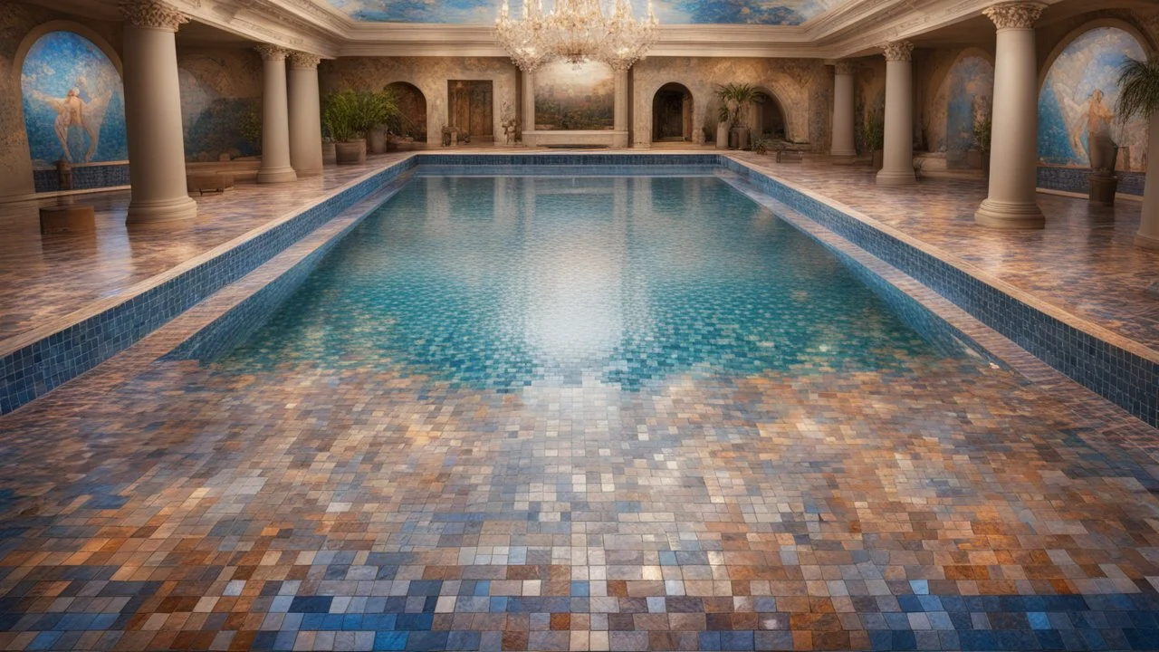 Superb pictorial multicoloured mosaic floor, walls with pictures of bathers and swimmers, swimming pool, water feature, relaxation, luxury, dream world, calm beauty, symmetry, fantasy world, magic, beautiful composition, exquisite detail, 135mm lens, adjust perspective, chiaroscuro, dynamic lighting