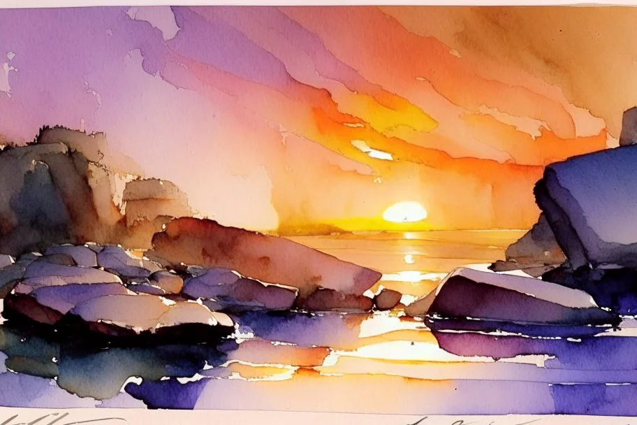 Sunset, rocks, fantasy, mountains, epic, john singer sargent watercolor paintings