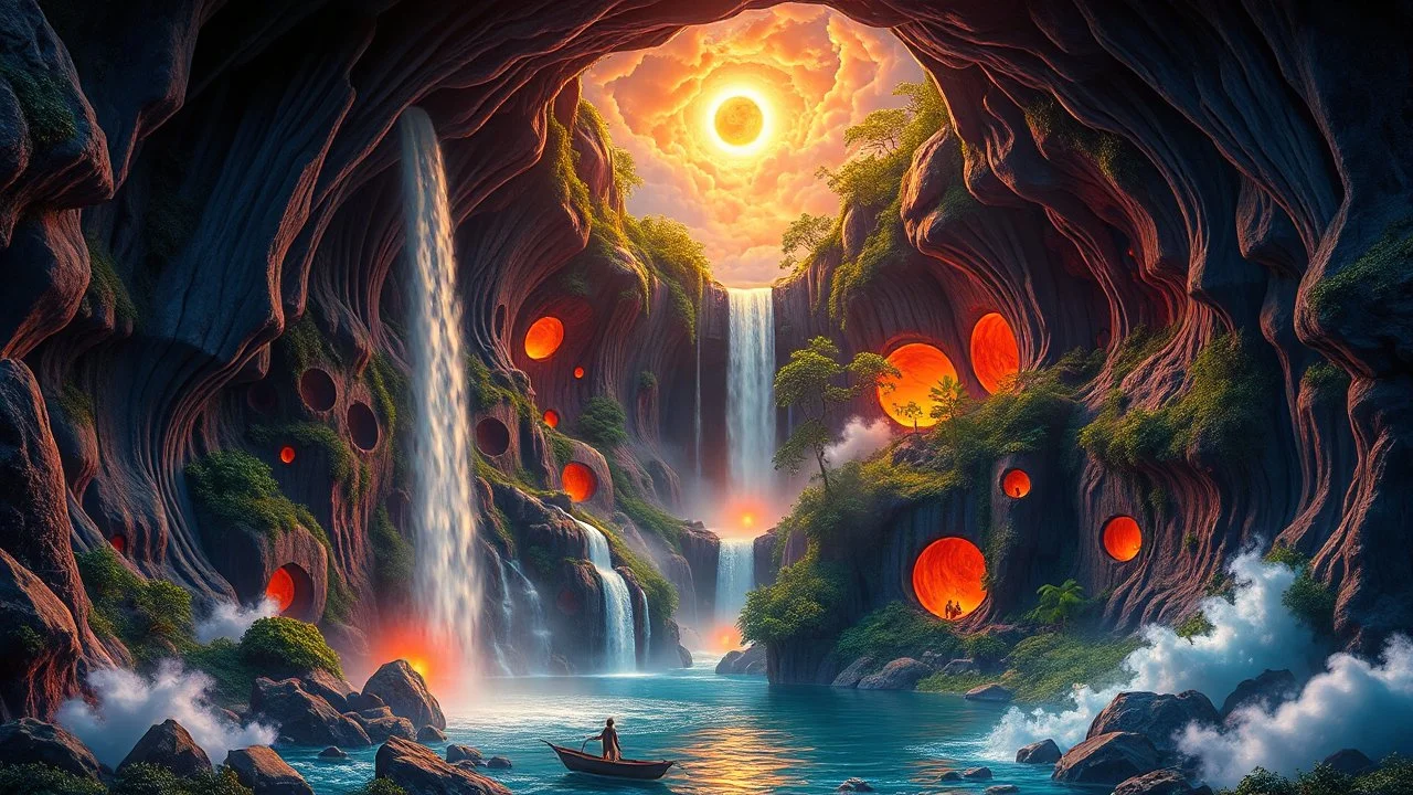 waterfall full of holes with various jungle flowing spiral cloud neon colorful Unique open cliff burning rippled surrealistic artwork with shiny shackled by cliff and sea island, while holding a waterfall doing pulling, the open cavity inside the body is a scene of an ancient Egyptian painting in the Gesang desert 5D diorama, with seven open panels revealing a forest with a thousand shadows, giving a triple exposure effect on a beautiful Balinese girl with magic breast milk and telepathic waves