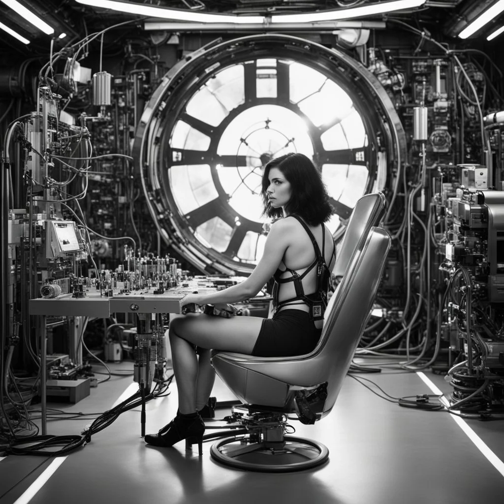 Black and white, retrofuturism, and sci-fi photograph of a woman in_undies with sleek, dark hair, wearing a form-fitting, high-tech harness with mechanical components and cables. She is seated in a futuristic chair with complex machinery and wires connected to it. The setting appears to be a laboratory or control room, evoking a mid-20th-century vision of the future. High-detail, vintage aesthetic