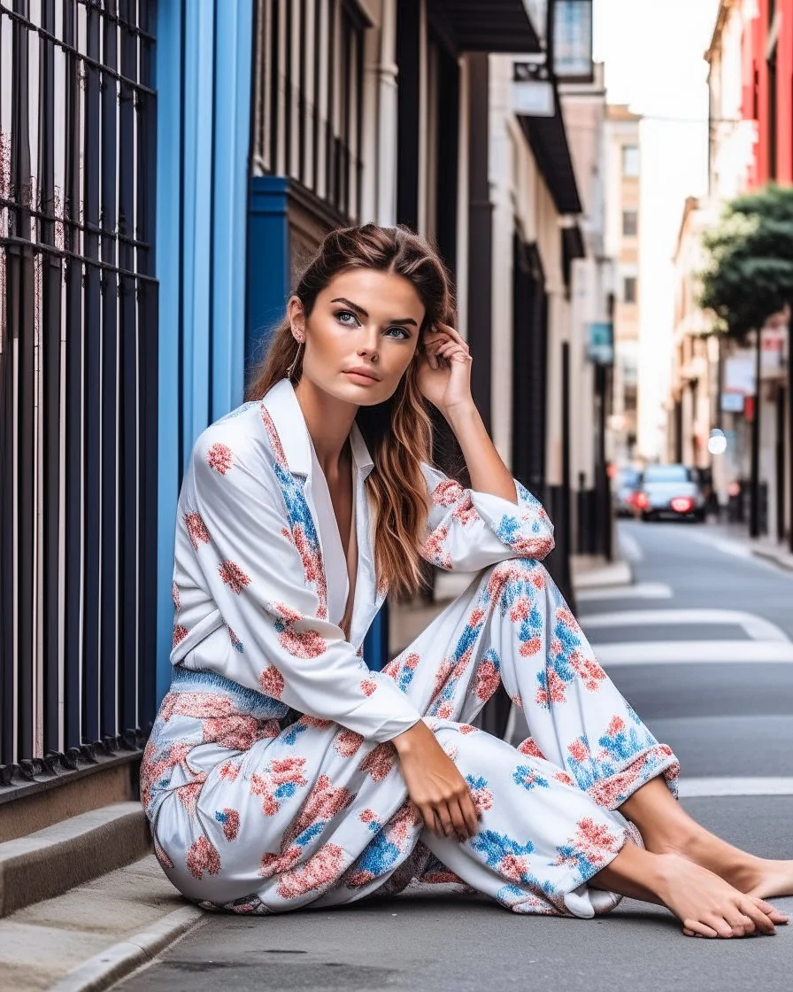 a supermodel in designer sleepwear sitting on street for magazine cover photoshoot