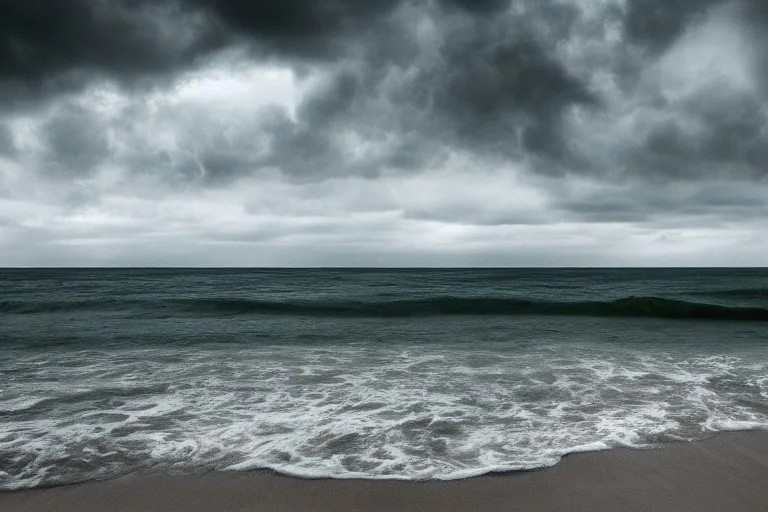 Surrealistic seashore, stormy clouds,