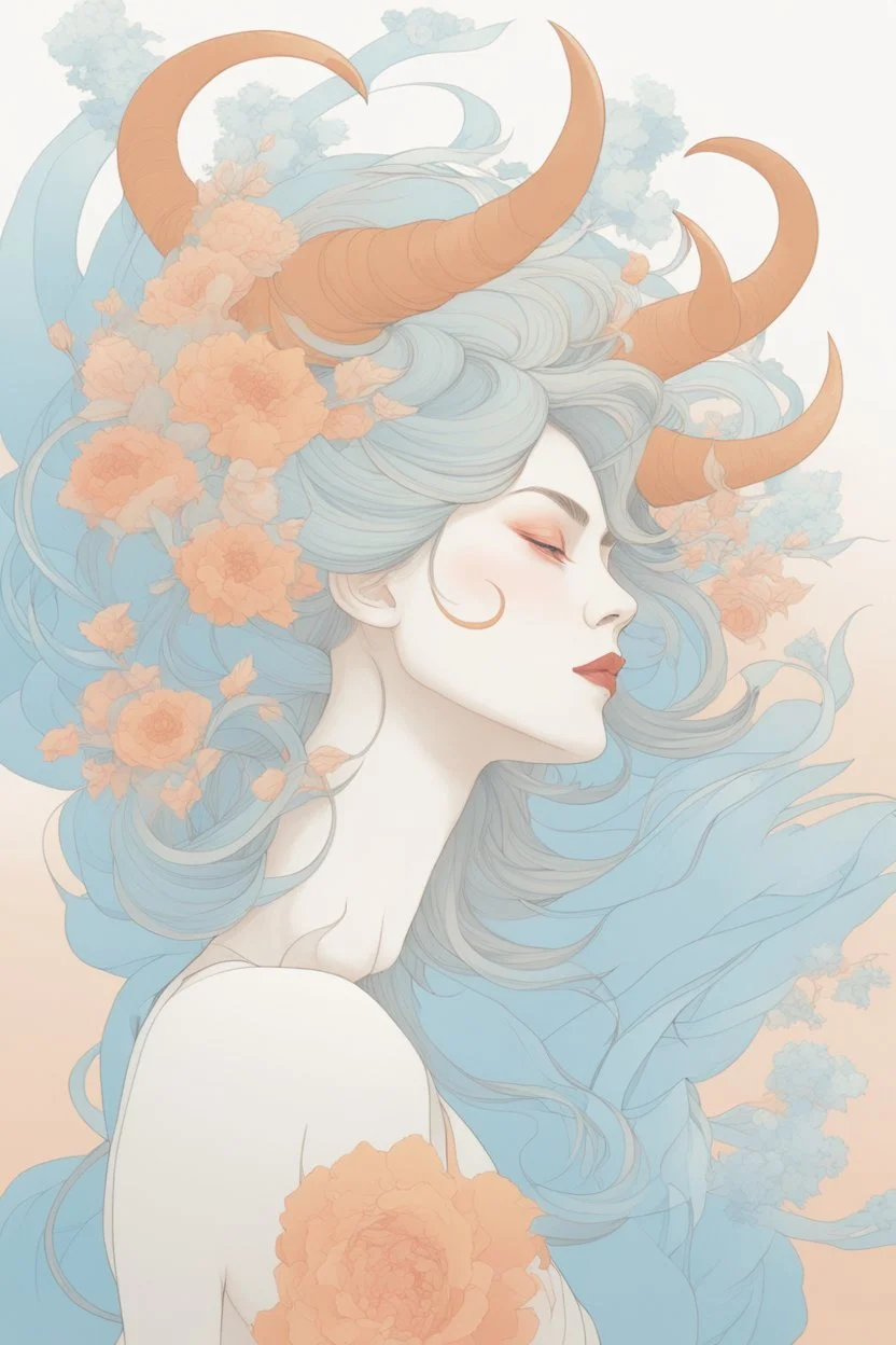 wind blowing from below, portrait of beautiful woman with big horns, loose lines, flowers, smoke, pastel orange and pastel blue, sense of liberation, concept art, art by james jean, takato yamamoto, 4k, concept art, illustrative