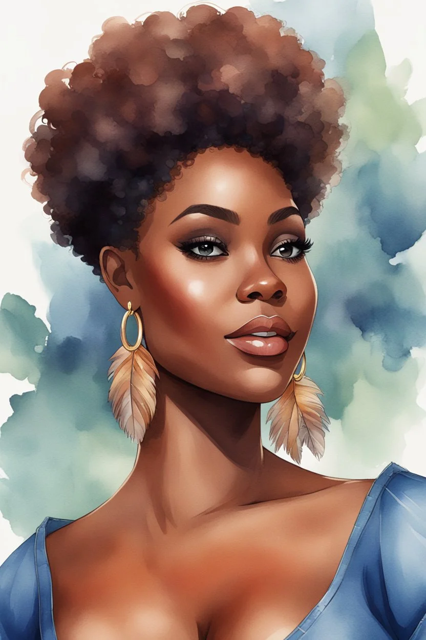 create a watercolor illustration of a plus size dark skinned black female wearing Tight blue jeans and a hazel brown off the shoulder blouse. Prominent make up with long lashes and hazel eyes. She is wearing brown feather earrings. Highly detailed short pixie cut