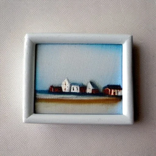 tiny oil painting of tiny seaside village, plain white background, solid white background, tiny white canvas, tiny white frame, melancholy, tender, moody, vintage, delicate arrangement, beautiful composition, etsy, aesthetic layout, plain solid white background