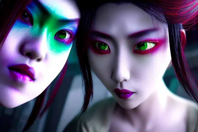 japan head portrait,geisha makeup, meditation, galaxy sky, 8k quality , portrait,beautiful ghost in the shell , post-apocalyptic in a sin city, realistic, intriacte detail, sci-fi fantasy style, volumetric lighting,24mm , particales,highly detailed,cinematic, deep purple , green eyes ., unity engine, bloom,cinematic lighting,blue tone, octane render,