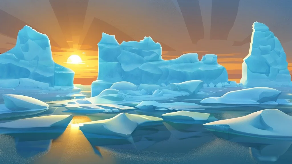 cartoon illustration: nature with icebergs and frozen sea, sun in the sky