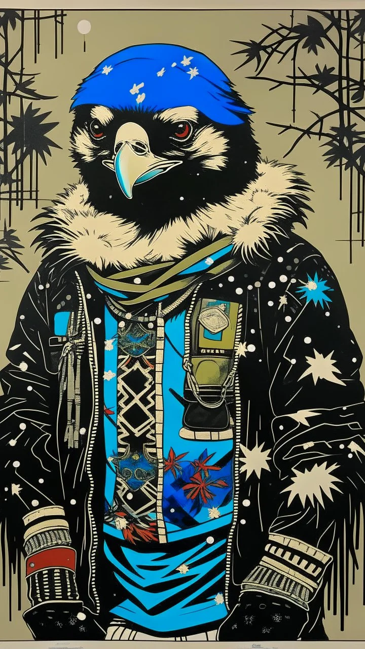 A contemporary serigraphy portrait by Kunisada of a crow adorned in a punk leather jacket within a snowy Christmas atmosphere.