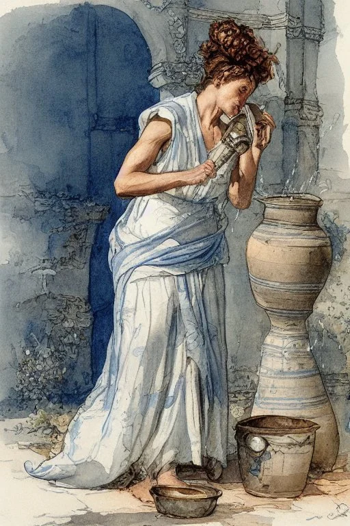 A woman in an ancient Roman dress pours water from an amphora into a pot in a blue and white bathroom, by Jean-Baptiste Monge, watercolour and ink, highly detailed, award winning, crisp quality in sunshine