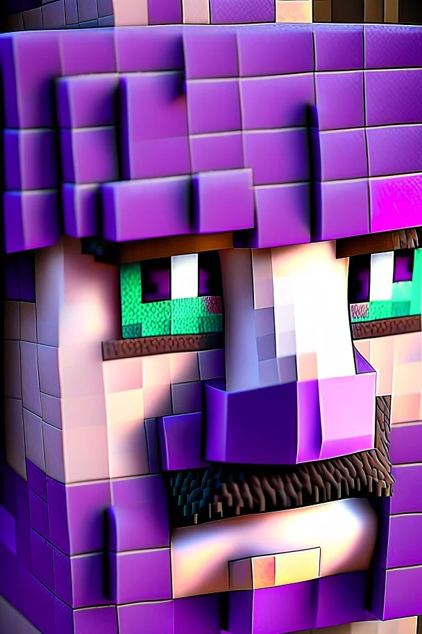 a close-up portrait of a purple Minecraft face, farmer, 3d, large pixel style