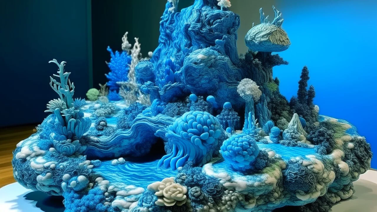 A blue planet made entirely out water and coral designed in Hawaiian tiki statues painted by Katsushika Hokusai
