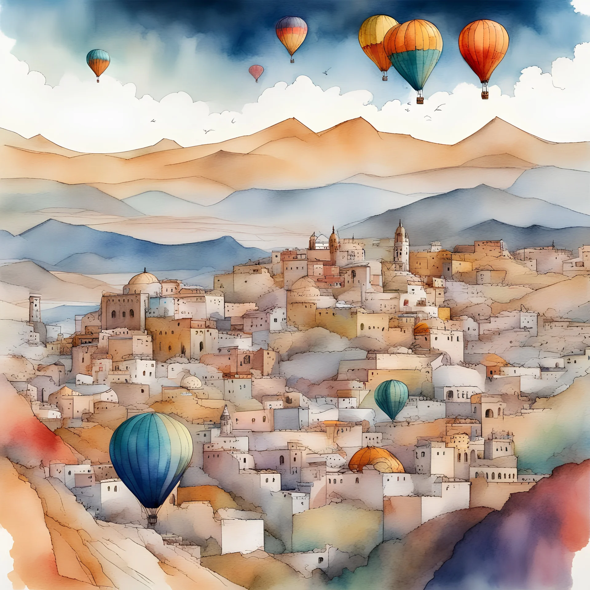 Oman Muscat city with colorful Hot air balloons on the horizon, vibrant storybook illustration, watercolor and ink painting, perfect composition, bright color gorgeous, subtleties beneath the surface, detailed background, cinematic, meticulously_detailed, fine art painting, intricately_detailed, super_crisp_clear_detail, moody