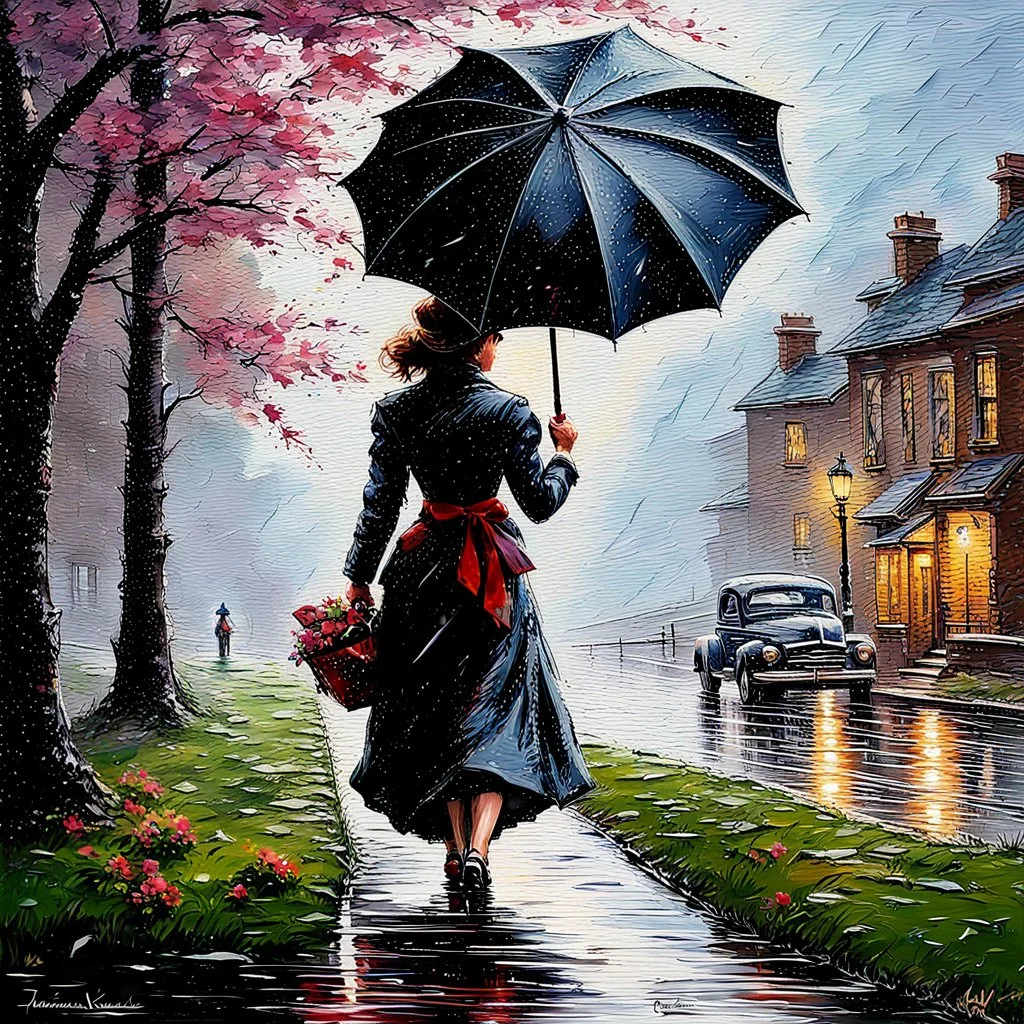 Painting of a Woman Walking in the Rain with an Umbrella, American Romance Painting, 4K Matte Thomas Kinkade, Thomas Kinkade, by Thomas Moran, inspired by Michael Komarck, ( ( Thomas Kinkade ), Thomas Kinkade, Thomas Kinkade, Thomas Kinkade Style, Thomas Kinkade Painting, Spring Eve, by Thomas Kinkade