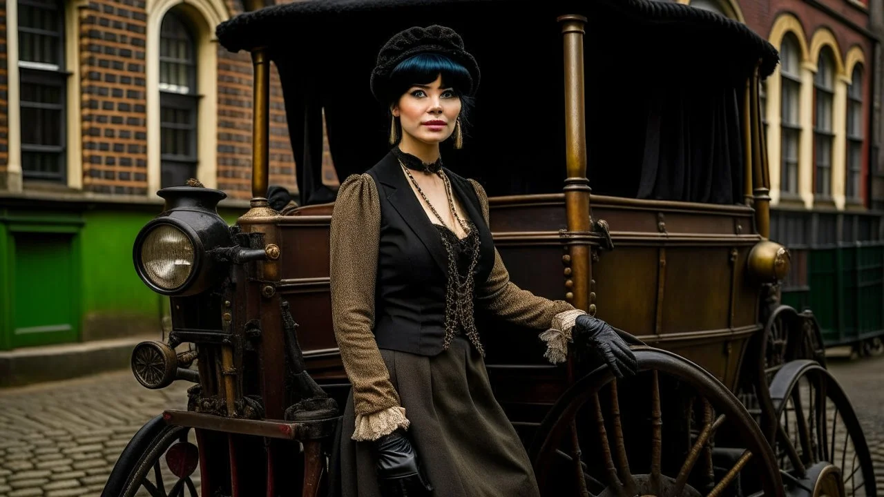 body portrait of a gothic woman with a black bob with a full fringe hairstyle, dressed in brown leather trousers, waistcoat, and gloves, in a Victorian street next to a steam carriage, full colour