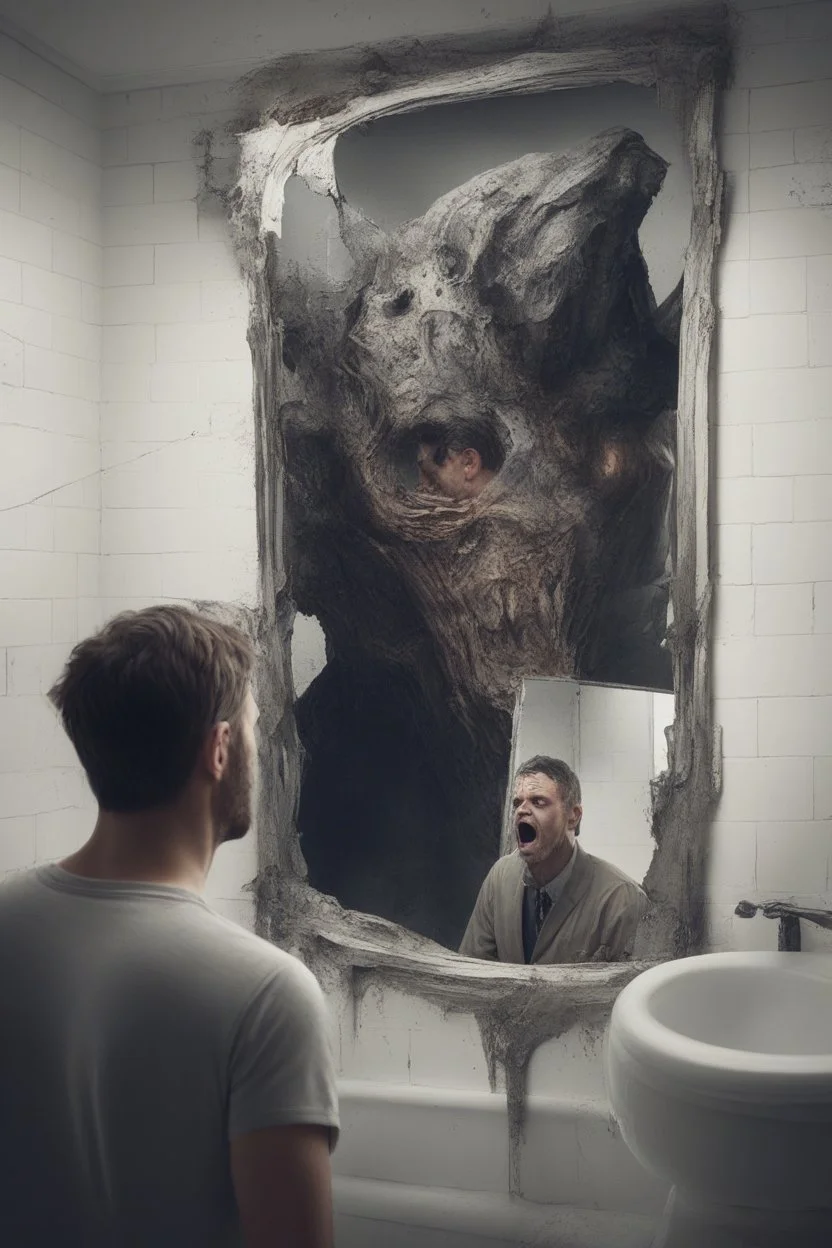 a man looking into a shattered bathroom mirror and seeing a horrifying, abstract deranged monster in his reflection