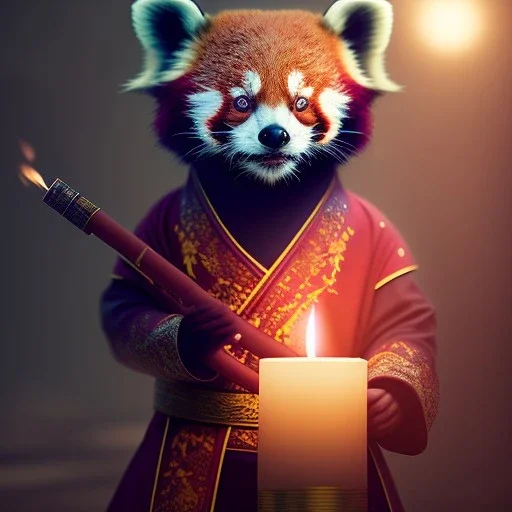 a cute litte red panda wearing Hanfu, holding a large candle, BK complex detail, cinema, reality, detail, octane rendering, stoic cinematic 4k epic detailed photograph shot on kodak detailed bokeh cinematic hbo dark moody 8k, 85mm f/16 by leica