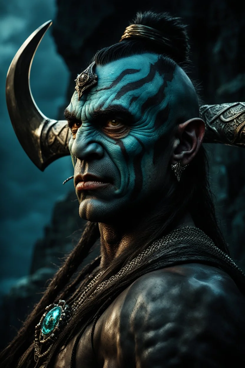 portrait of an orc king. Tusks emerging from bottom lip. Dark braided hair and ice blue eyes. smiling. Half of his head is shaved. wearing jewellery. Carrying a battleaxe. High resolution. 4K. 8K. Dark Fantasy style. Cave in the background