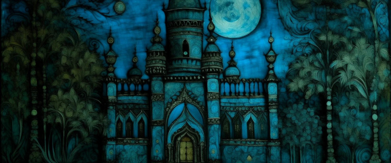 A dark bluish teal Arabian moon palace designed in German folk art painted by Vincent van Gogh