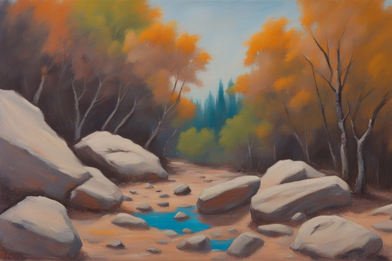 Trees, rocks, one person, 2000's sci-fi films influence, otto pippel impressionism painting