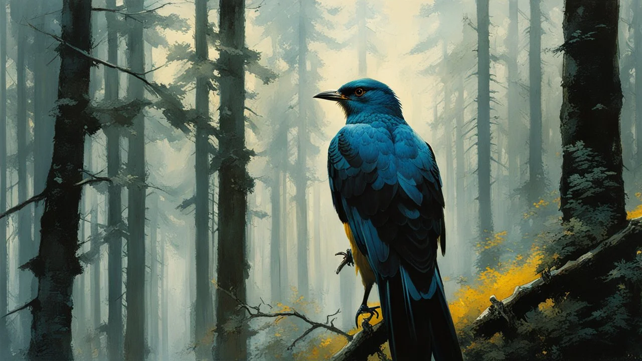 cuckoo bird, man, forest, :: Robert McGinnis + Jeremy Mann + Carn Griffiths, clear contours, clear lines, bright colors, detail, fine rendering, high resolution, 64K, photorealism, precise focus,