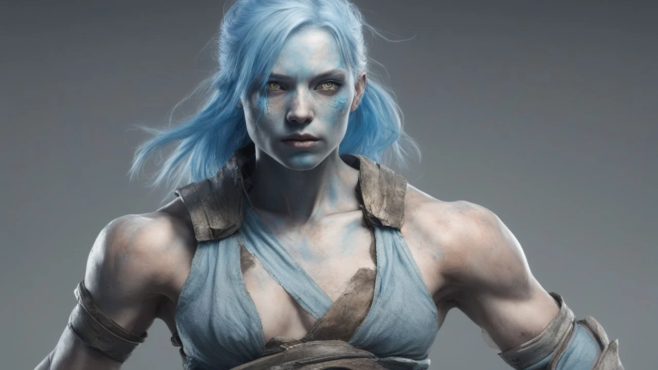 blind female fighter with light blue skin and eyes that are clouded, more muscular, and wearing torn clothing