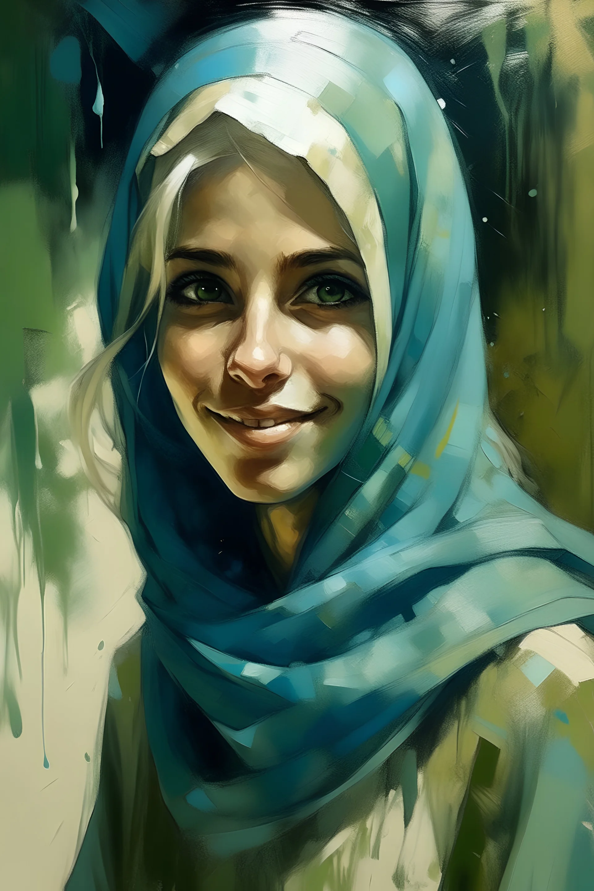 Sebuah lukisan seorang wanita Muslim Urdu yang cantik tersenyum dengan jilbab panjang biru tua dan hijau muda, 22 tahun, mata besar yang indah, simetris, rambut pirang, gaya pelukis, detail, 8k, oleh Ashley Wood. –ar 2:3 –berhenti 80 –naik