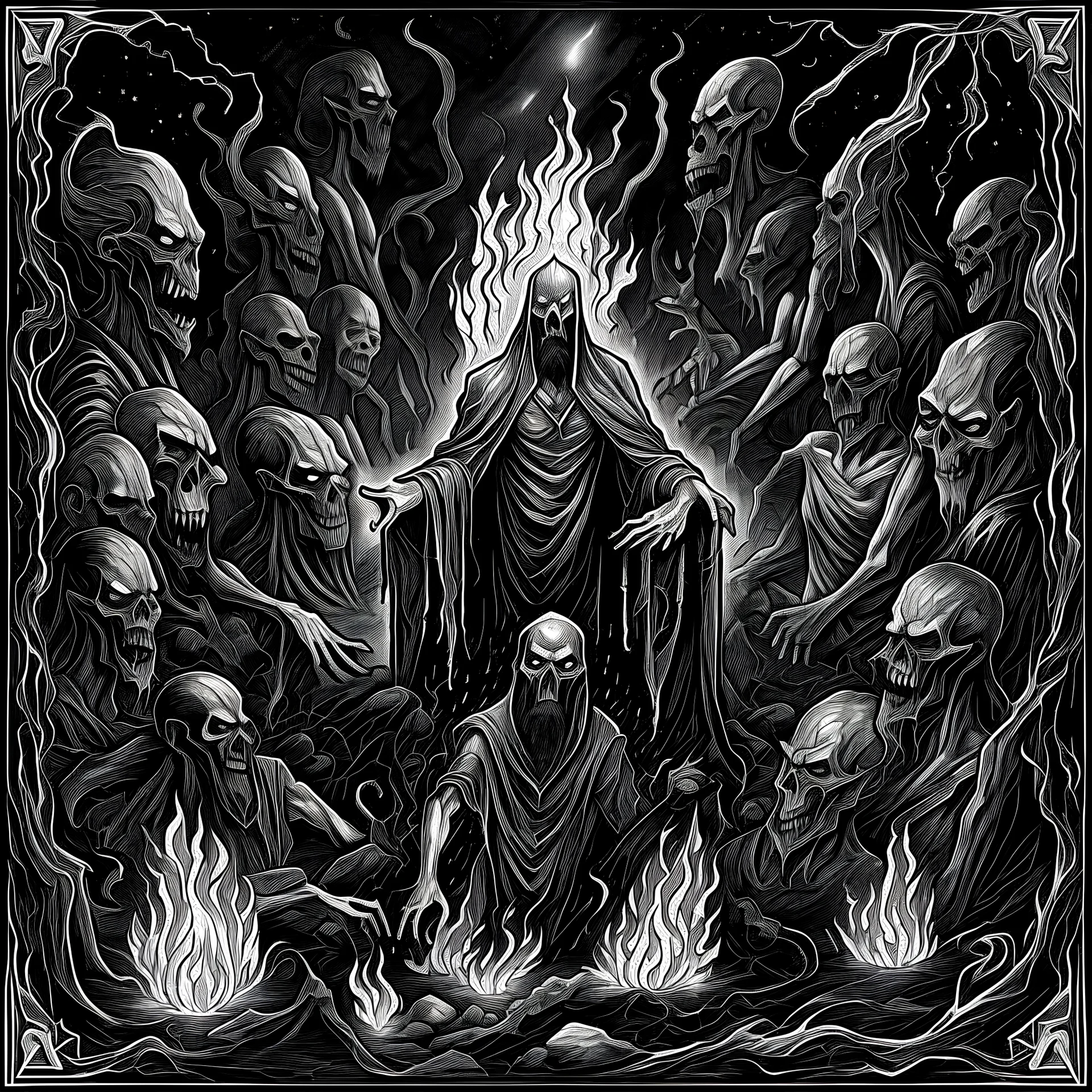 monochromatic Black Metal album cover of ghosts and demons surrounding a fire but surrounded in darkness