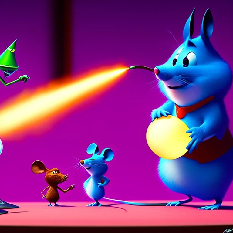 The mouse and the executioner discussing the future of the universe on bubble world, art by Pixar and Dreamworks