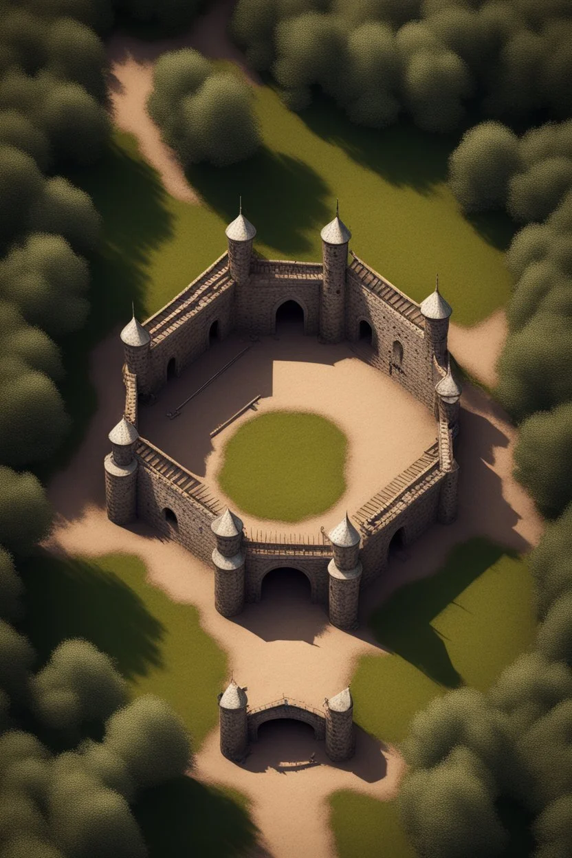 medieval fighting tournment arena into the woods from above