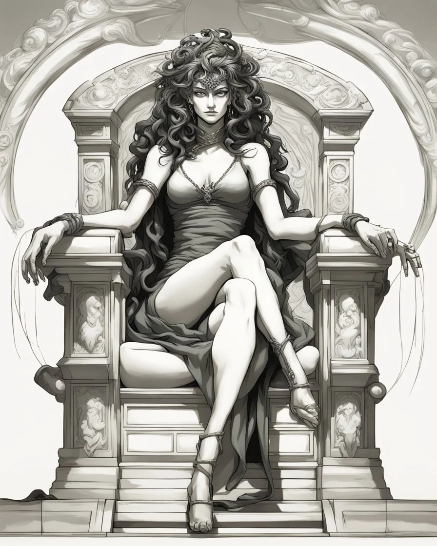 full-length, detailed persona, sword in hand, gorgon medusa, sitting on a throne in a relaxed pose