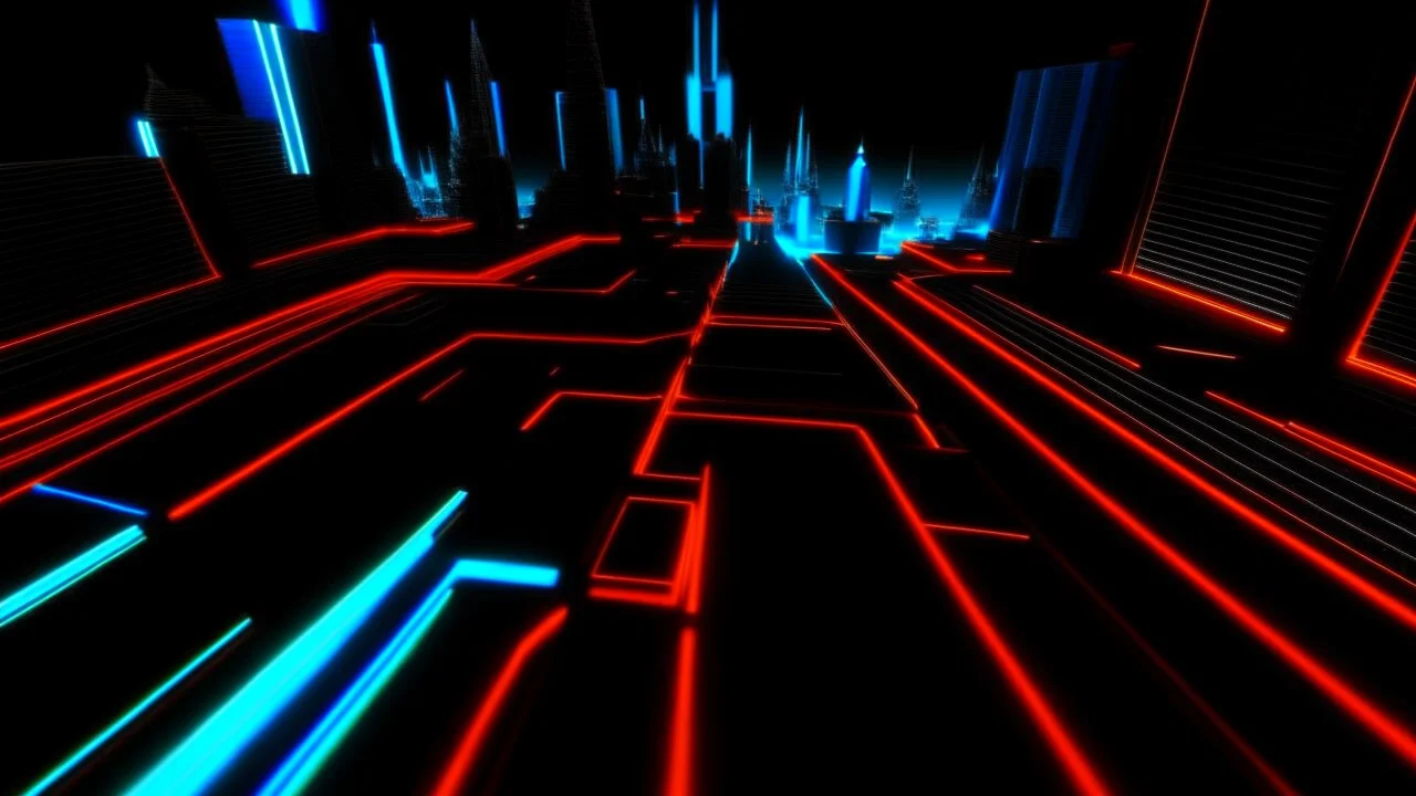 tron legacy, blue, red and orange, city