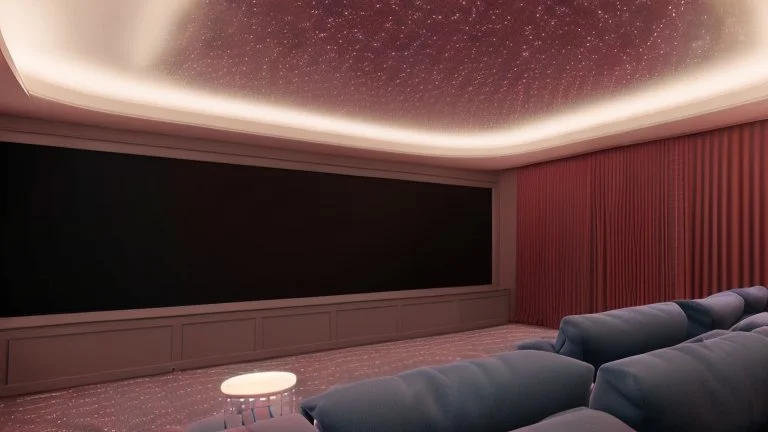 Generate an image of a sleek home cinema with our top-notch projectors and surround sound systems with a star-lined ceiling similar to a Rolls Royce in a high-rise penthouse