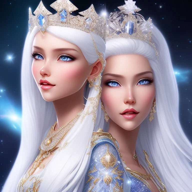 Ice Princess with white hair smilling, a crown with precious stones, bright background