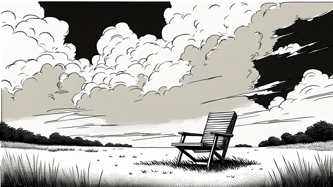 broken wooden chair, anime, monochrome, black background, ink, simple, maximum quality, broken hinge, barely functioning, centered on frame, far view, in the middle of a grassy hill, white sky with cumulonimbus