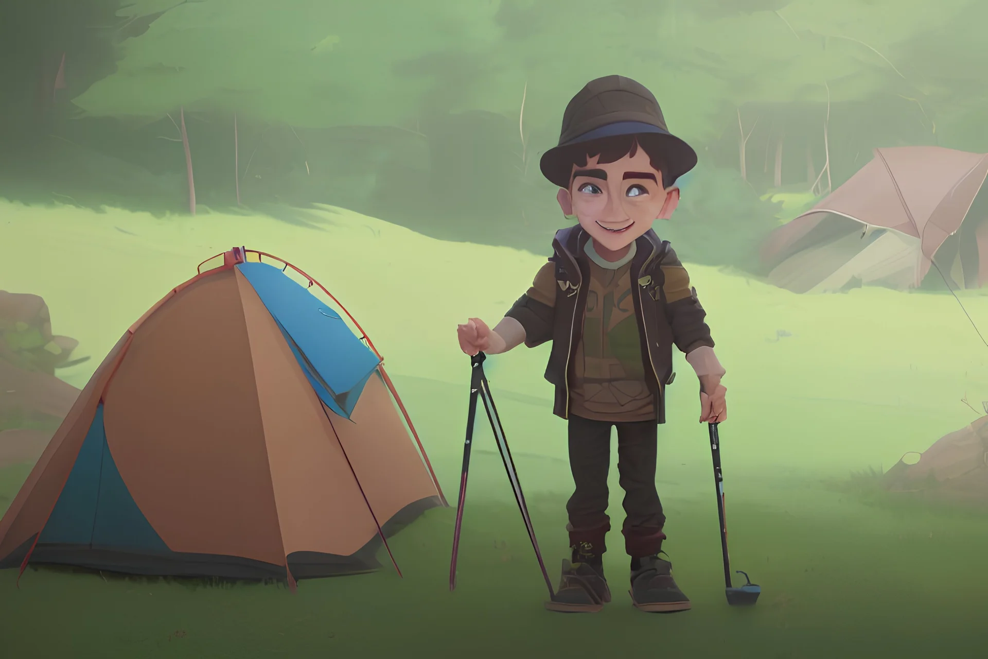 Camping boy, camping girl, wavy curly hair, cartoon dessign, carrying camping equipment, wearing cute hats, spring green grass, tent undder trees, gradient style, sunny day, full body, trendy blind box clean background, natural lighting, 2k, super details, 3D, depth of field, Pixar trend, super realiism, ray tracing, complex details, fine textures, blender,