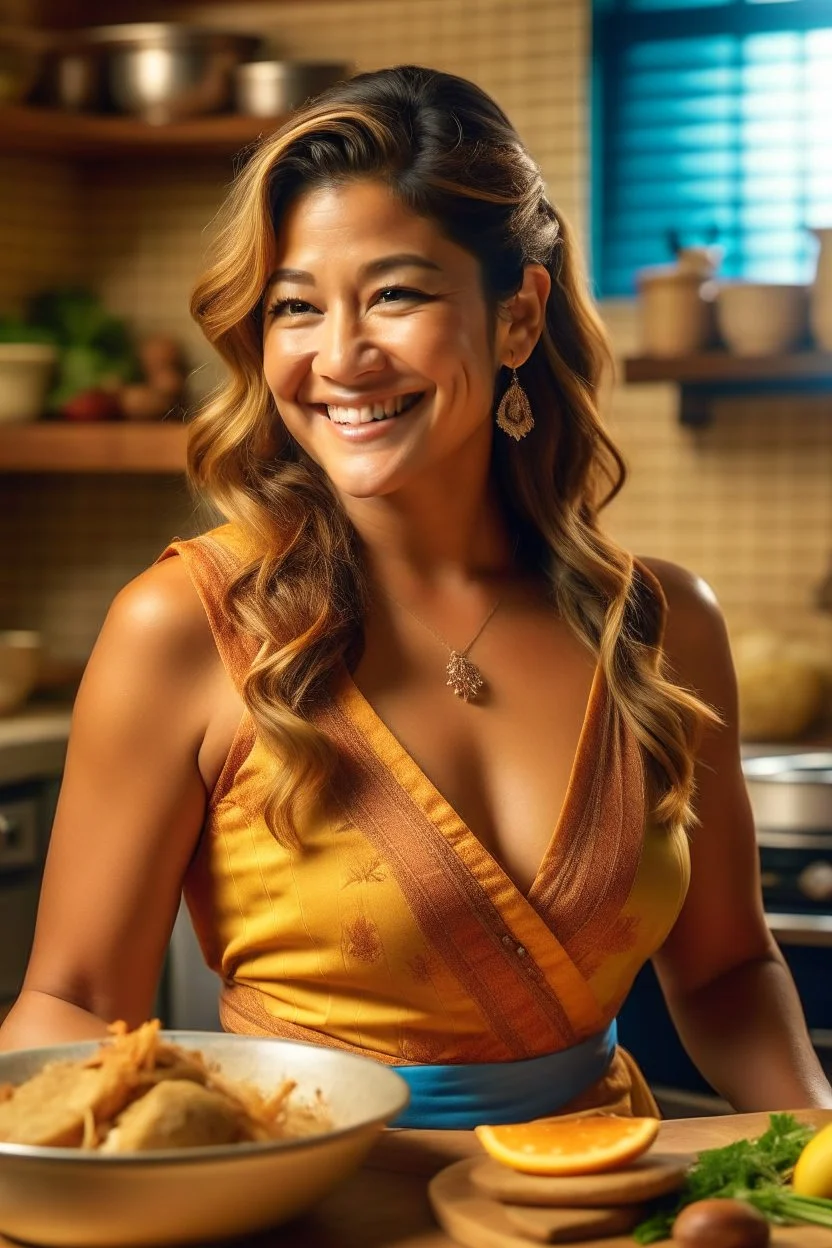 Gina Rodriguez cooking, first transformation hits. Torso undergoes change: golden radiance, pronounced curves, idealized Germanic aesthetic, dirndl-clad, embroidered details, blonde allure, traditional elegance, cooking in transformed grace, enchanting essence, harmonious blend, ethereal energy, vibrant transformation, mesmerizing allure, sophisticated refinement, cultural charm.