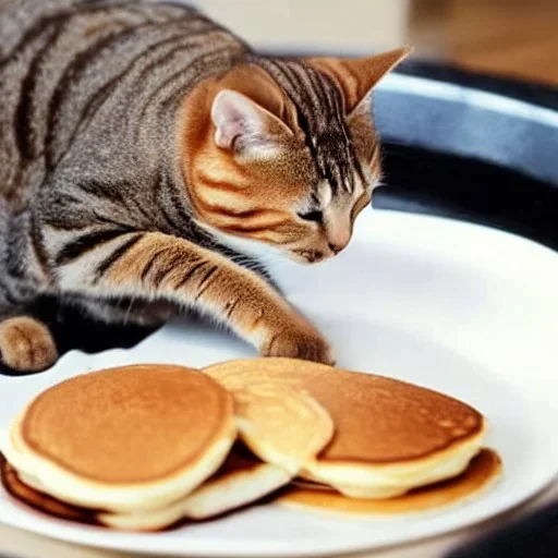 a cat cooking pancakes