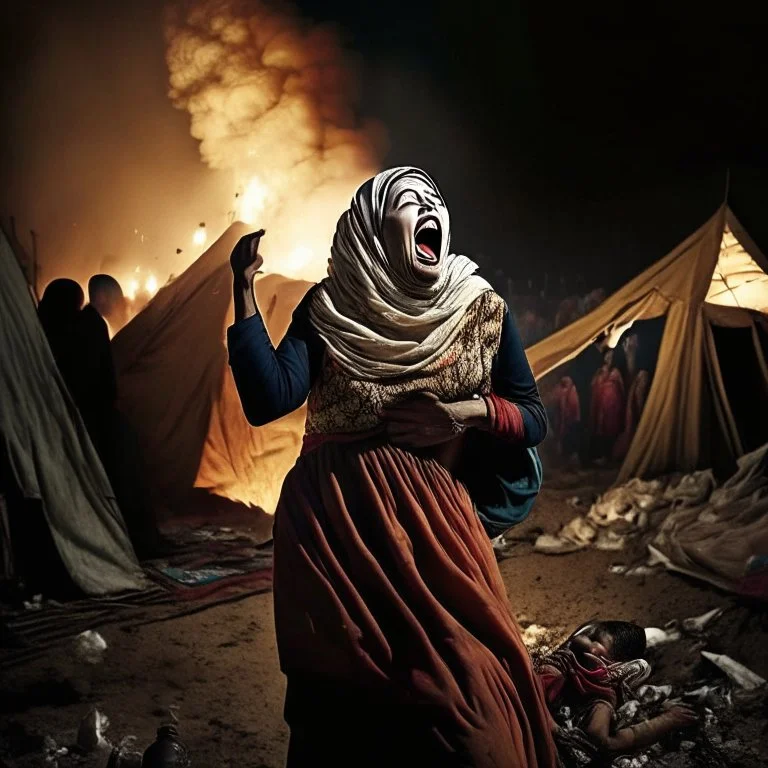 A Palestinian woman wearing the Palestinian dress carries her dead son as she screams and cries at night, with explosions in refugee tents behind her.