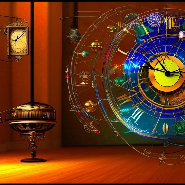 Rainmeter Skin for the Steampunk Orrery and Clock in the middle of screen. Blue, red, yellow, green, pink colors