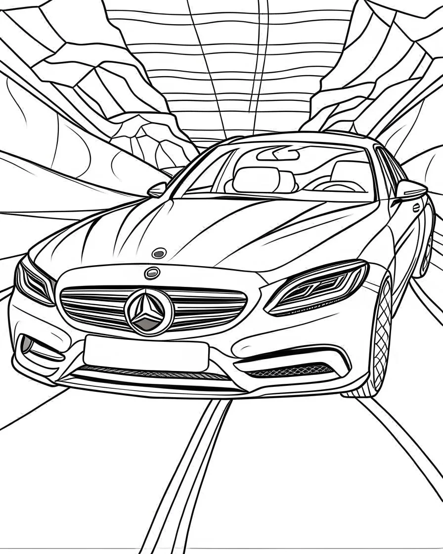 front Outline art, no shading, full Mercedes on the road, cartoon style, thick lines, low details, --ar 9:11