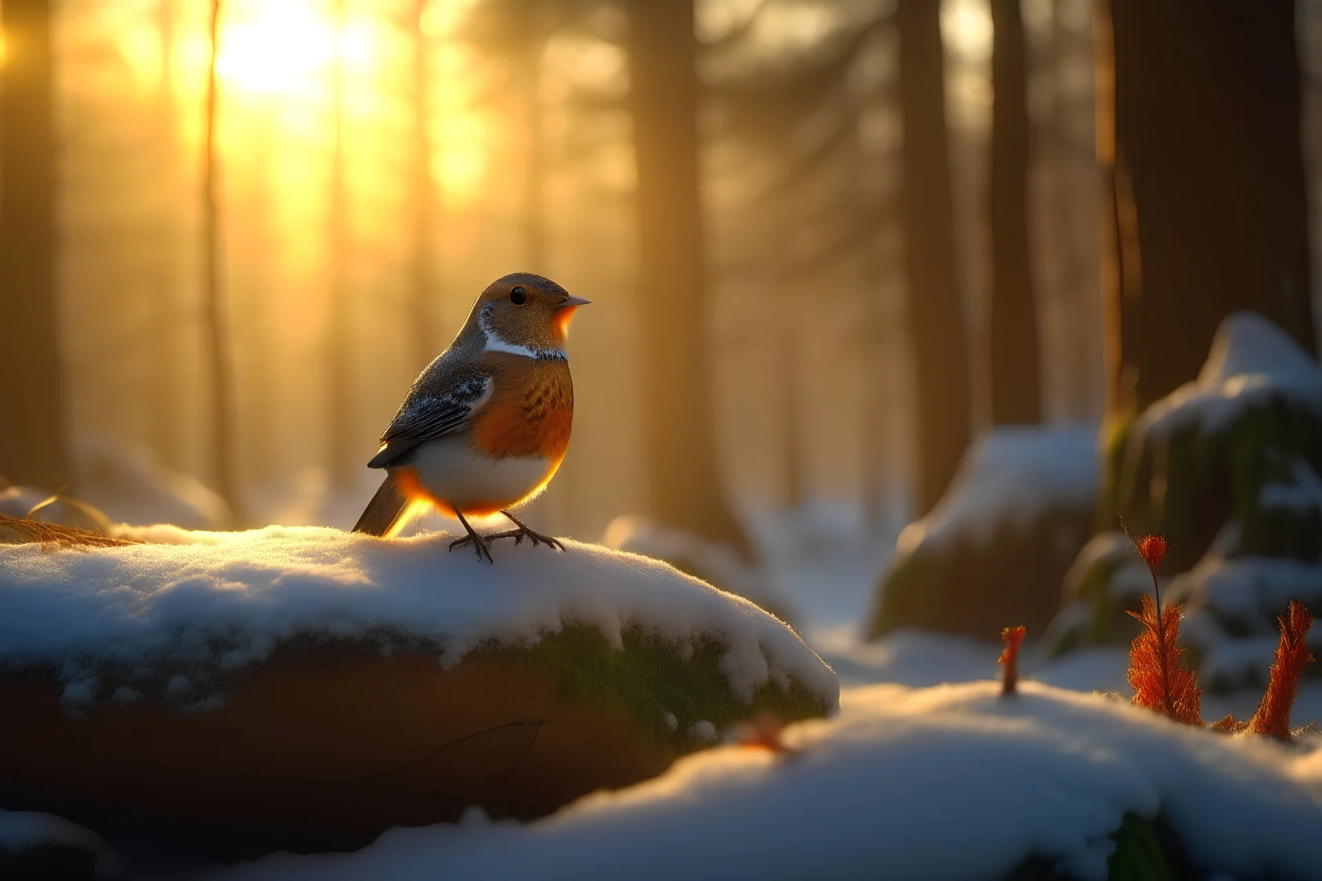 Hyper Photo-realistic image. A robin sitting on an ancient oak tree in a beautiiful forest. Hyper realistic. Photorealism. Winter scene. Early morning, golden white, winter light. Snow on the ground. A mist with the sun streaming through the trees like shards.