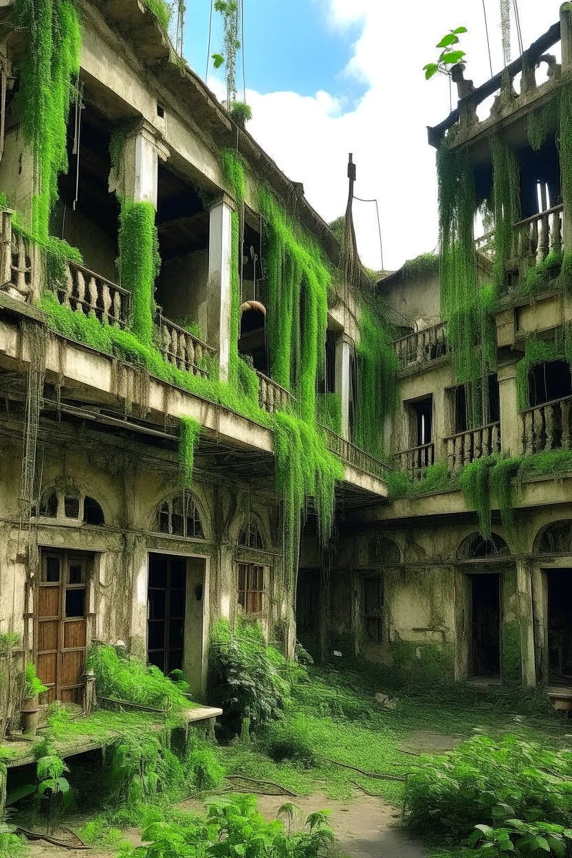 skeletal derelict buildings with hanging plants and vines, with mushrooms on the walls