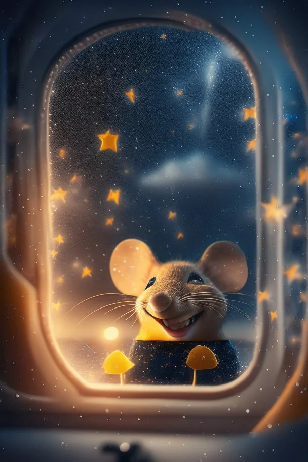 smiley mouse with background star field seen in the window of a boat, 4 k, trending art, depth of field, high detail, high contrast