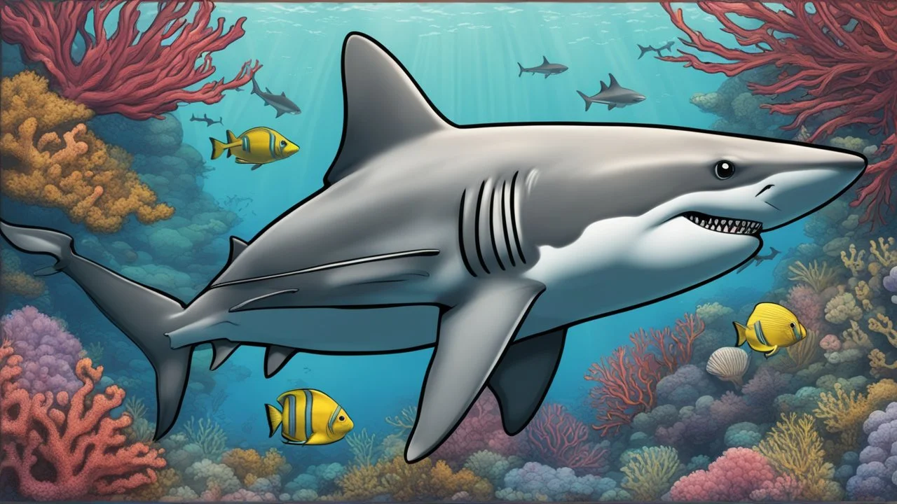 comic style, realistic coloring, underwater, coral reef, shark