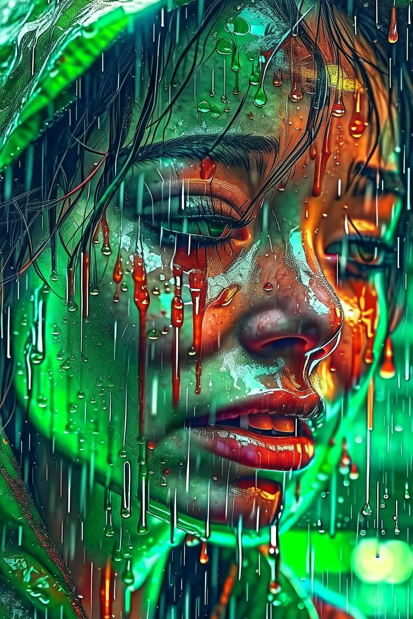 Half woman, half machine, crying in the rain, malfunctioning, chaos, abstract, super rare, super realistic, 8k