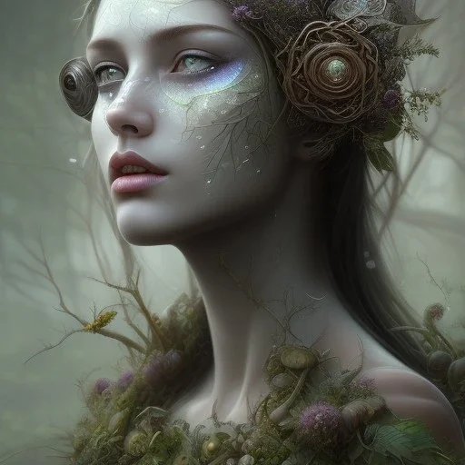 Portrait of beautiful girl, face dept of field,face shining, plant, metal, feathers,central weight average, CWA Dryad, fae, sidhe, ominous, nature, plants, wildflower sparkle,wildflower 3d view, facepaint, dnd character portrait, intricate, oil on canvas, masterpiece, expert, insanely detailed, 4k resolution, retroanime style, cute big circular reflective eyes, cinematic smooth, intricate detail , soft smooth lighting, soft pastel colors, painted Renaissance style,sharp fucus, bokeh,macro lens,