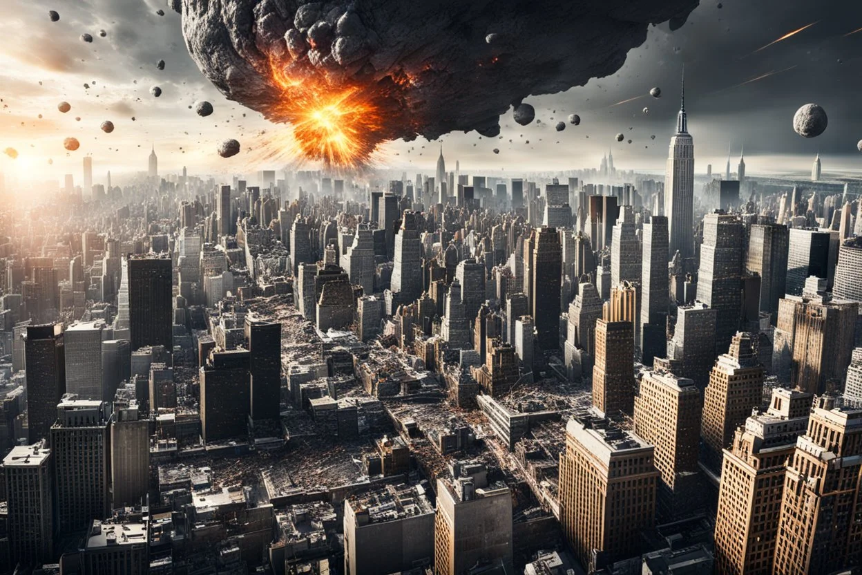 create a wildly imaginative otherworldly, chaotic destruction of New York City from a super massive asteroid impact, highly detailed, digital composite, 8k,