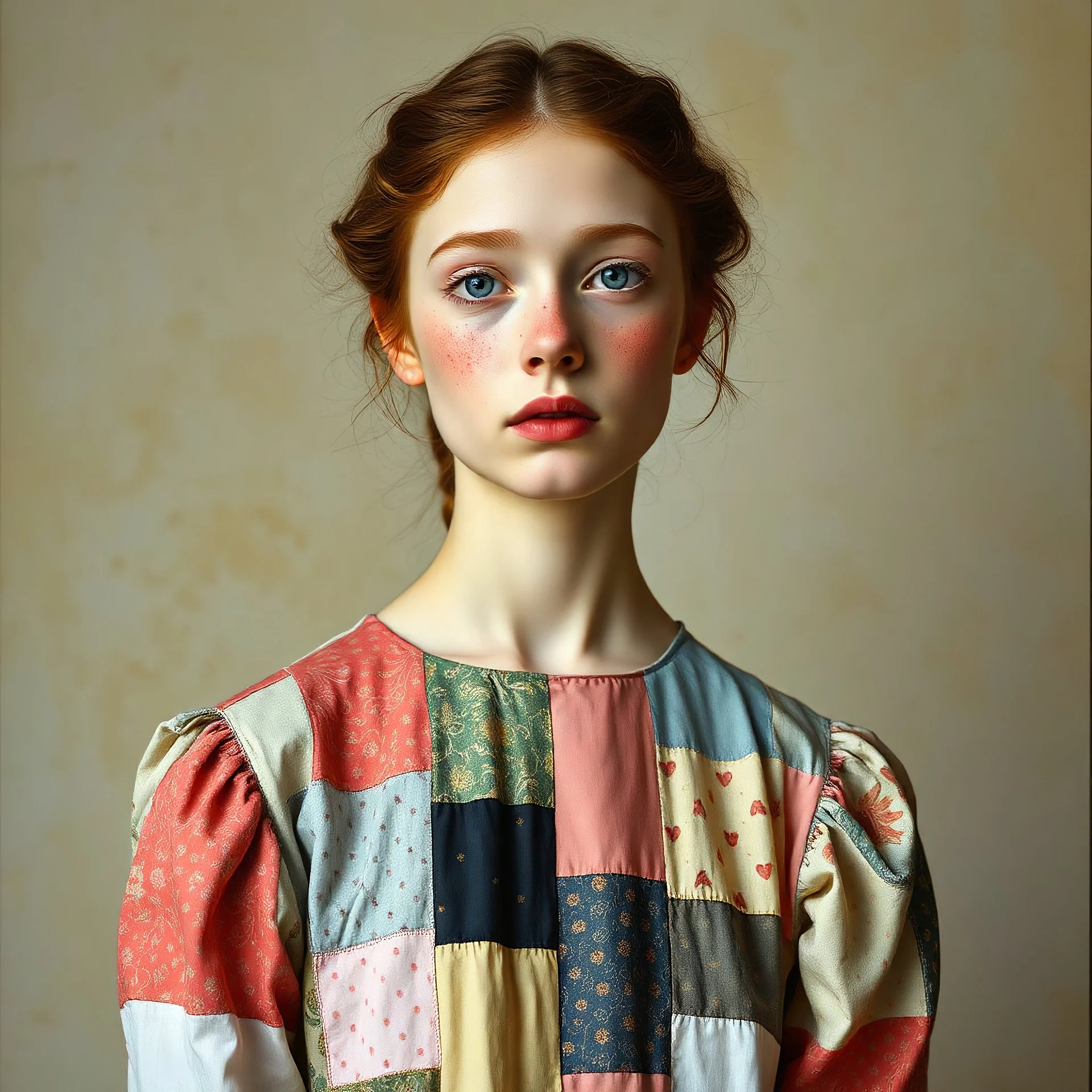 Pastel Patchwork dress, beautiful lily cole with rosy cheeks and freckles, by egon Schiele