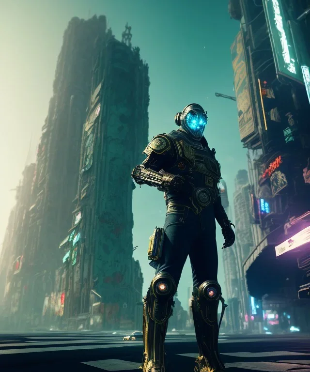 A badass wearing a broken mask, full body, atmospheric, realistic, unreal engine, cinematic lighting, octane render, cyberpunk city background